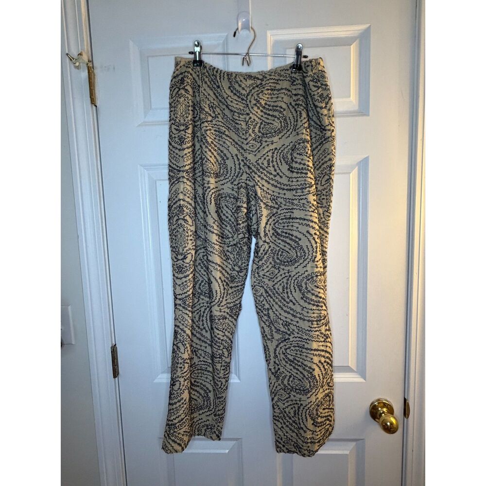 Talbots Linen Cotton Blend Pants with Dark Blue Embroidery and Side Zipper